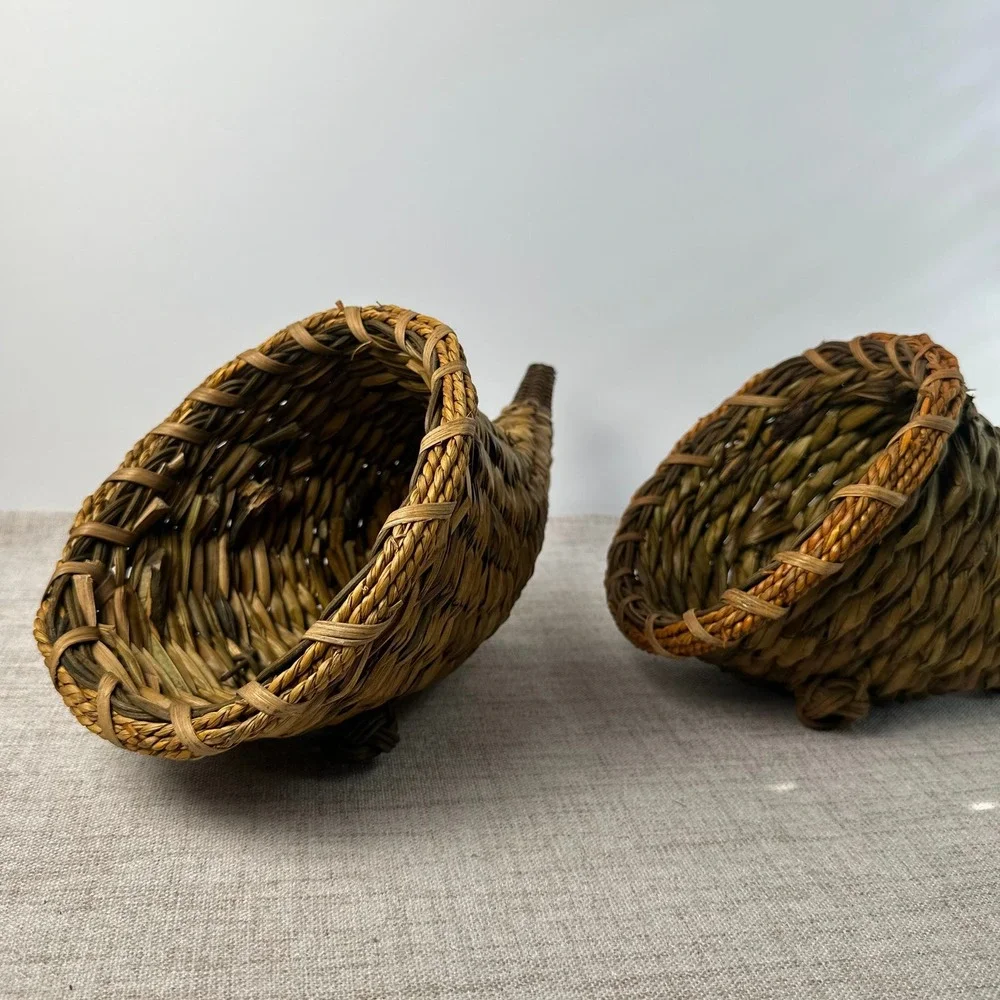 Vintage Woven Cornucopia Basket Pair Horn of Plenty Fall Thanksgiving Decor